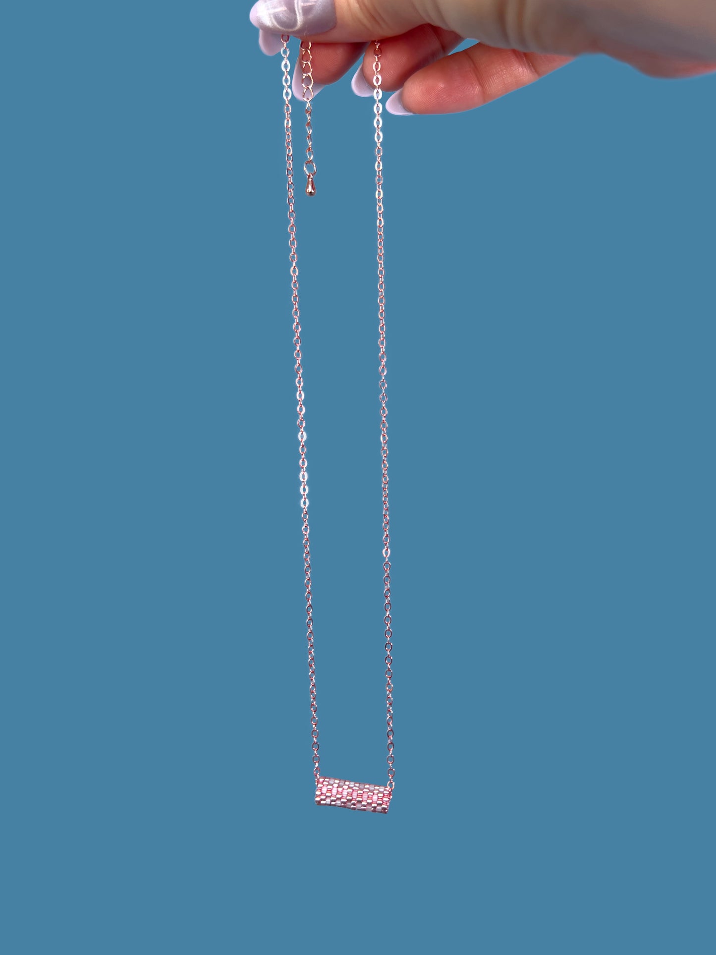 "Sorbet" Rose Gold and Satin Pink Tube Pendant Checkers Necklace