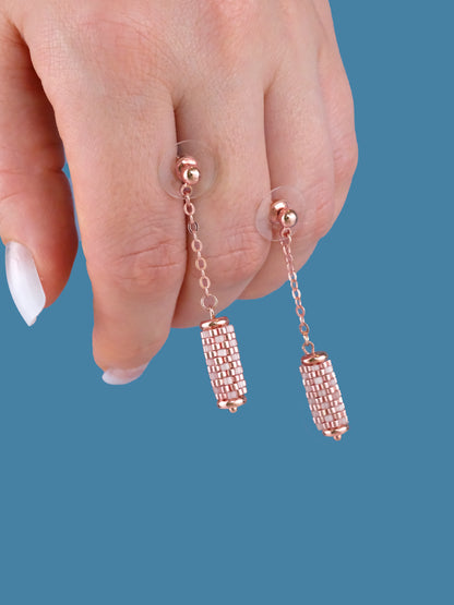 "Sorbet" Long Dangle Tube Rose Gold and Pink Satin Stud Earrings