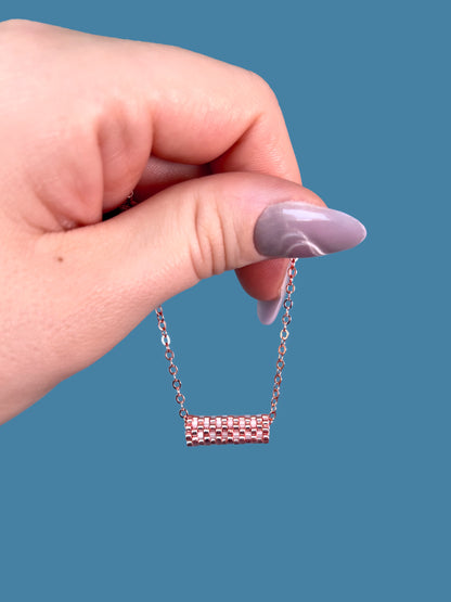 "Sorbet" Rose Gold and Satin Pink Tube Pendant Checkers Necklace