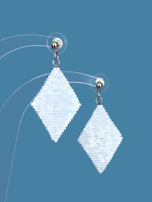 "Aria Frost" Rhombus Snow White Satin Stud Earrings