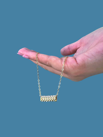 "Dahlia" Gold and Cream Satin Tube Pendant Checkers Necklace