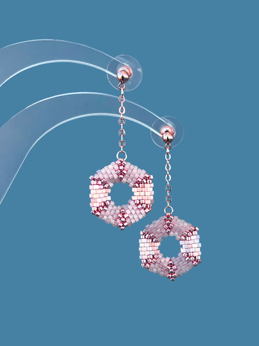 "Celestia Pink" Hexagon Rose Gold and Pink Satin Beaded Dangle Stud Earrings