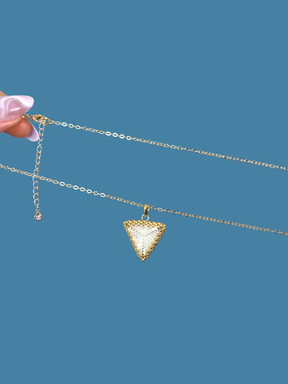 "Astra Creamy" Gold and Creamy Satin Triangle Pendant Necklace
