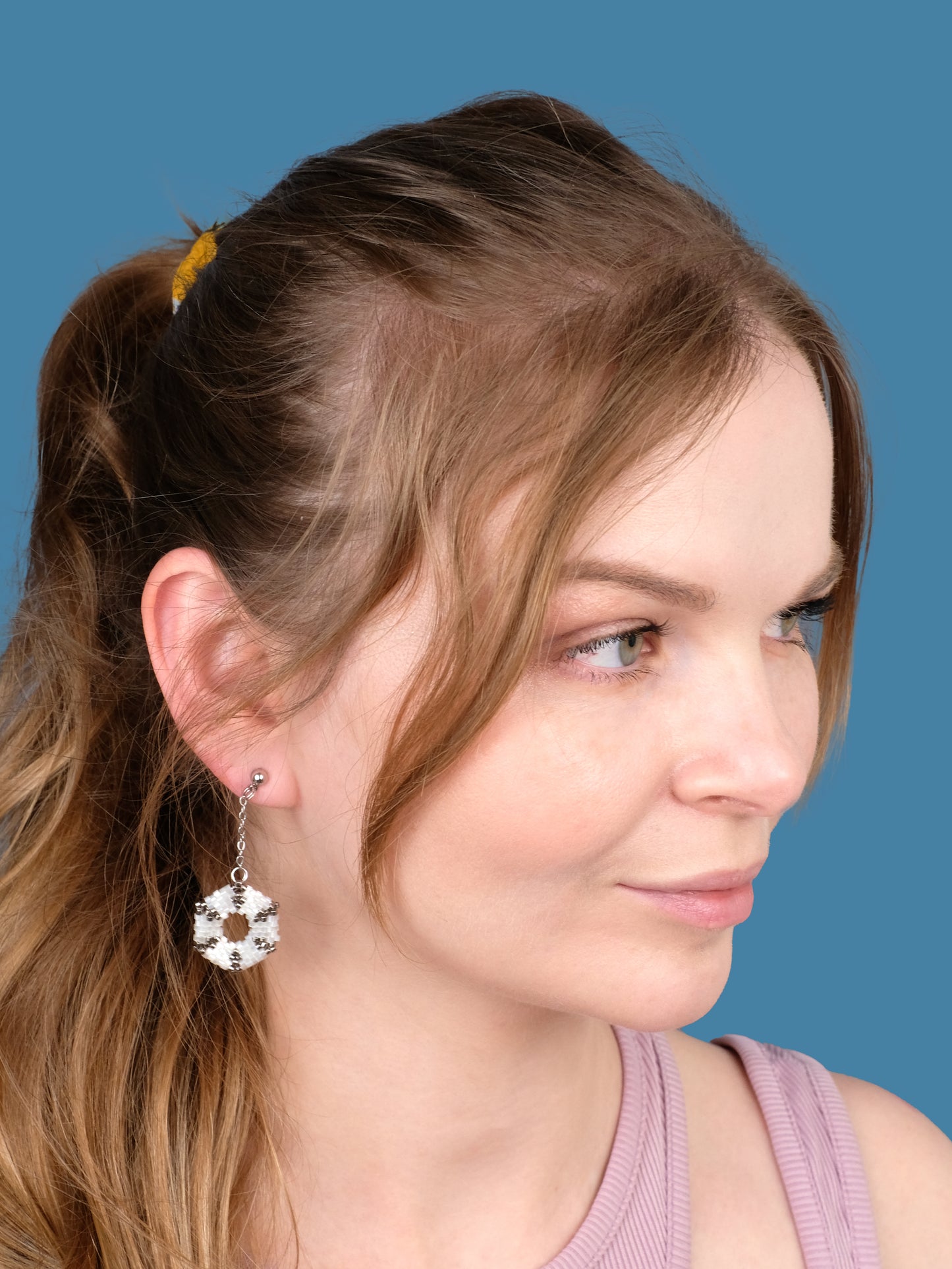 "Celestia Frost" Hexagon Silver and Snow White Satin Dangle Stud Earrings