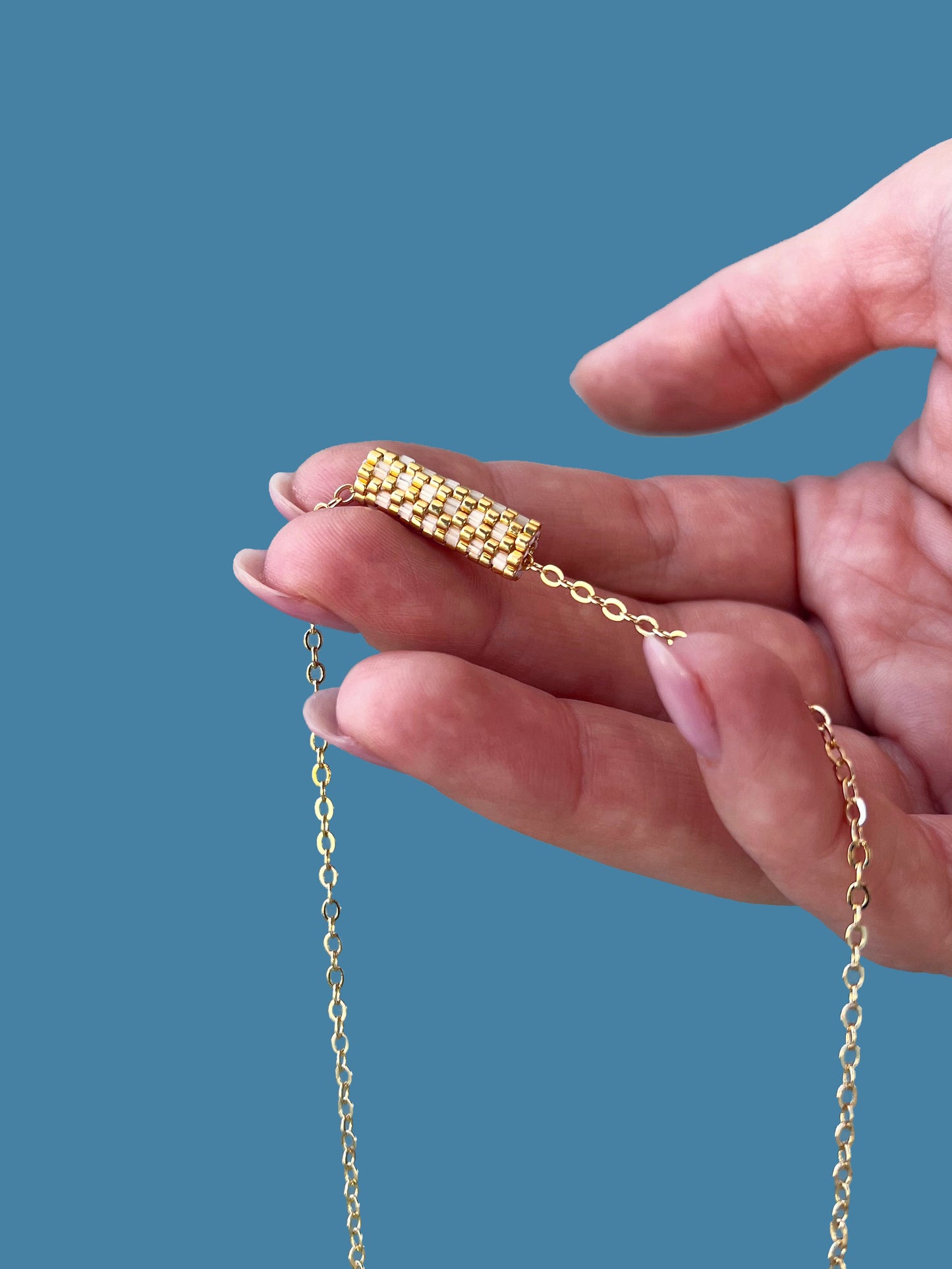 "Dahlia" Gold and Cream Satin Tube Pendant Checkers Necklace