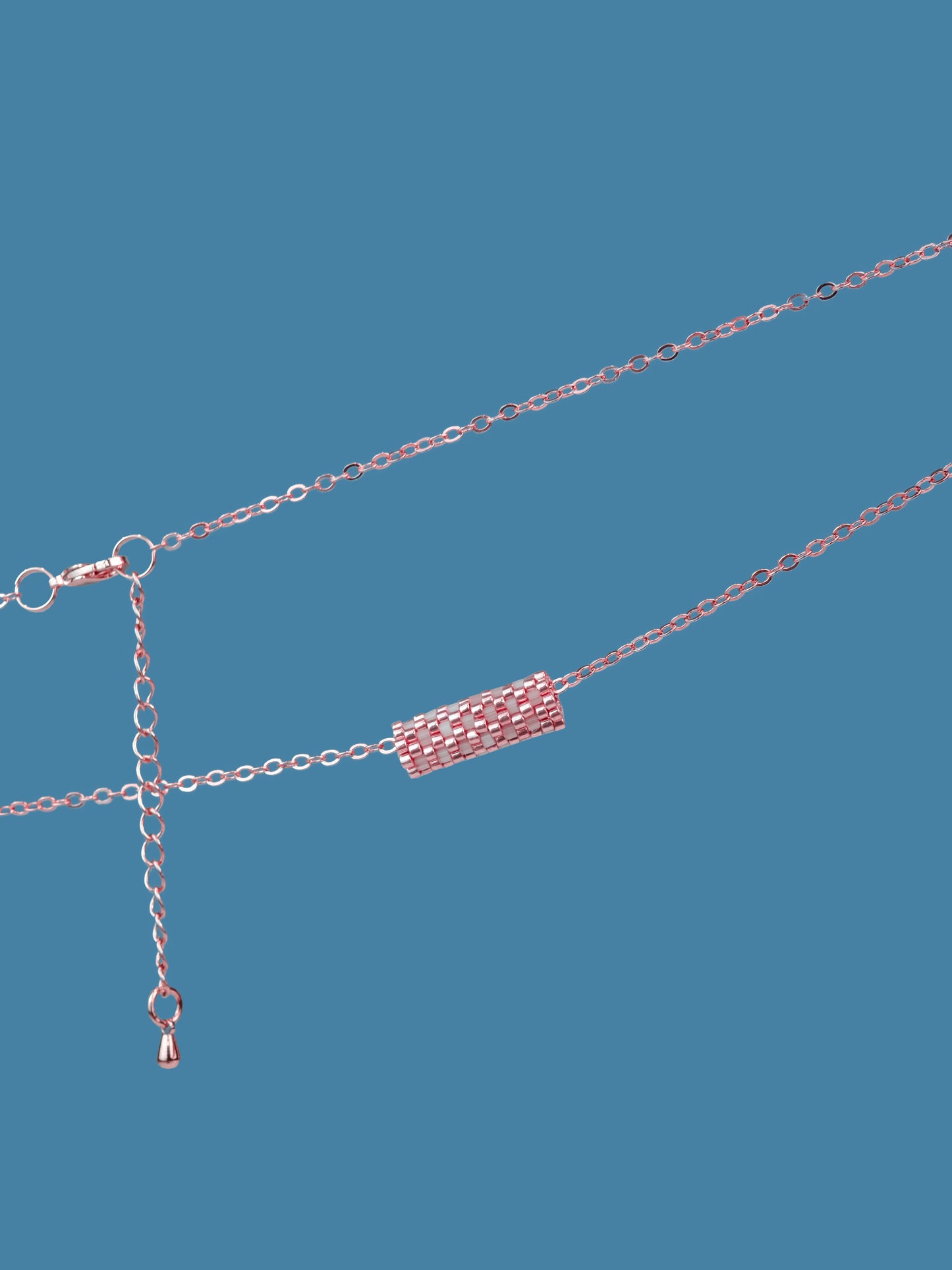 "Sorbet" Rose Gold and Satin Pink Tube Pendant Checkers Necklace