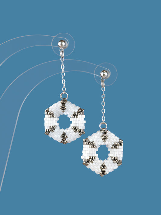 "Celestia Frost" Hexagon Silver and Snow White Satin Dangle Stud Earrings