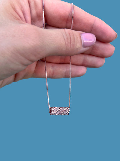 "Rosalie" Rose Gold and Satin Pink Tube Diagonal Pendant Necklace