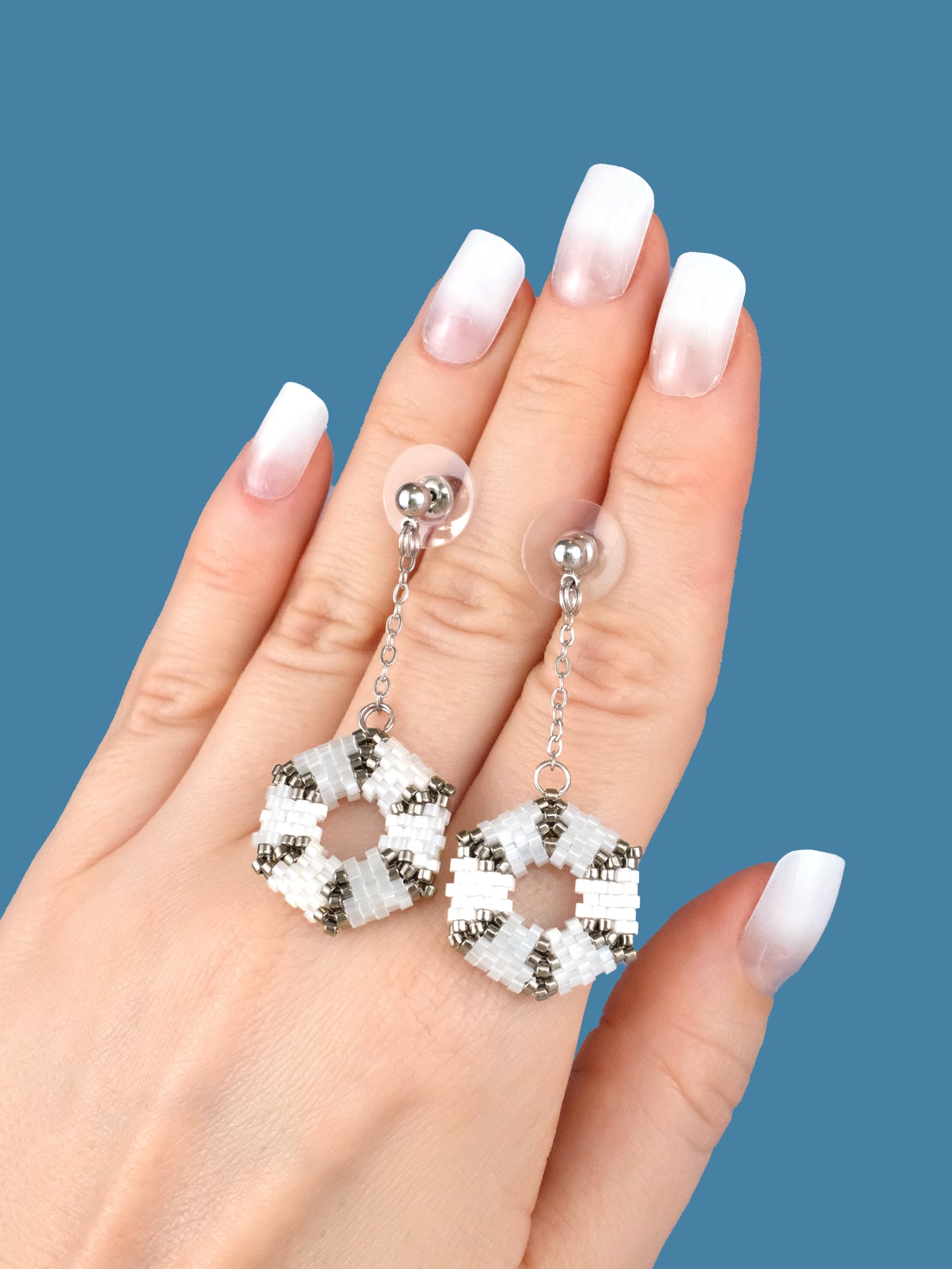 "Celestia Frost" Hexagon Silver and Snow White Satin Dangle Stud Earrings