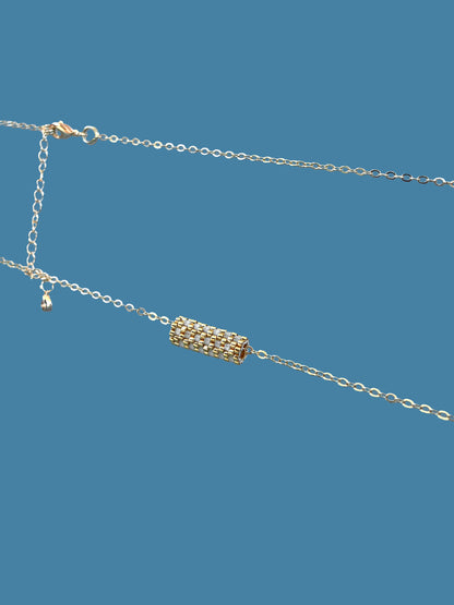 "Dahlia" Gold and Cream Satin Tube Pendant Checkers Necklace