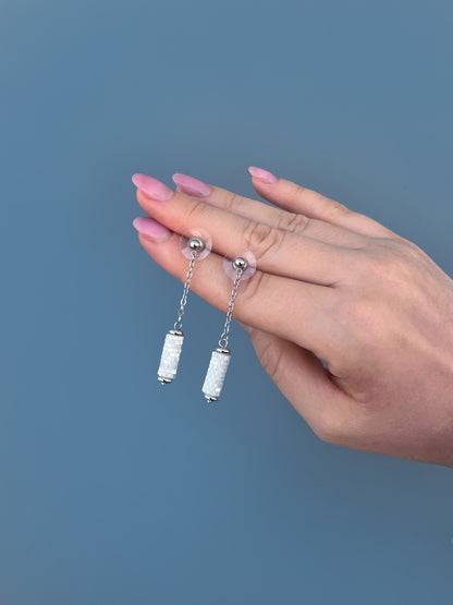 "Eira" Long Dangle Tube Snowflake White Satin Stud Earrings