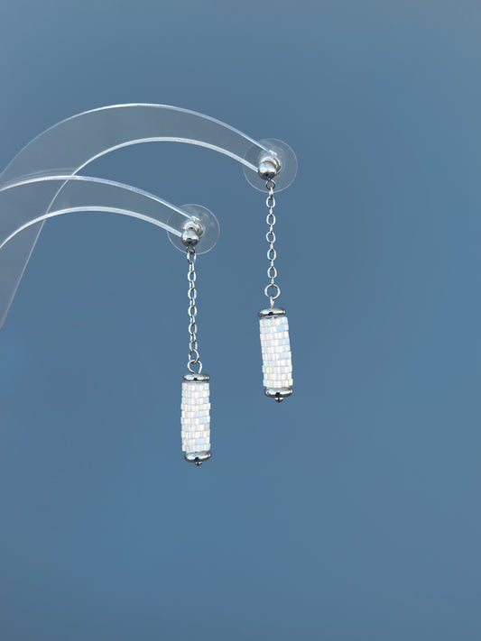 "Eira" Long Dangle Tube Snowflake White Satin Stud Earrings