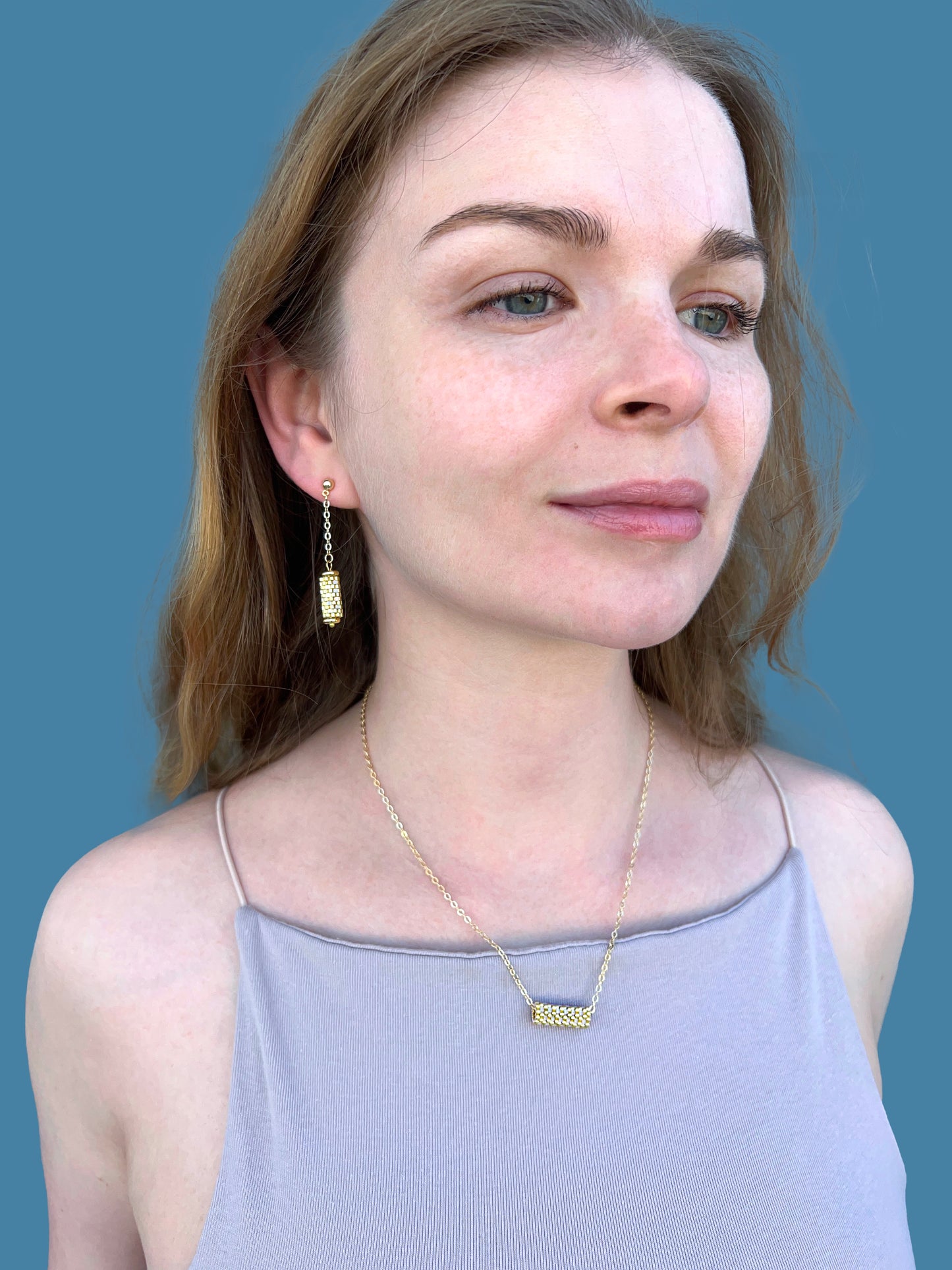 "Dahlia" Gold and Cream Satin Tube Pendant Checkers Necklace