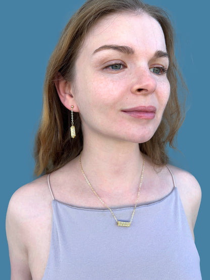 "Dahlia" Gold and Cream Satin Tube Pendant Checkers Necklace