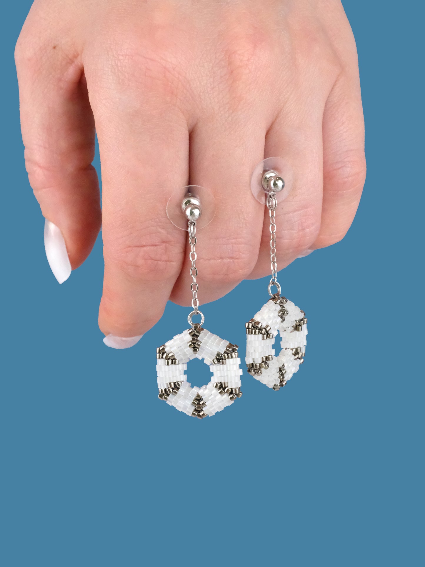 "Celestia Frost" Hexagon Silver and Snow White Satin Dangle Stud Earrings