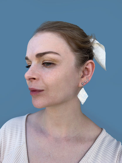 "Aria Frost" Rhombus Snow White Satin Stud Earrings