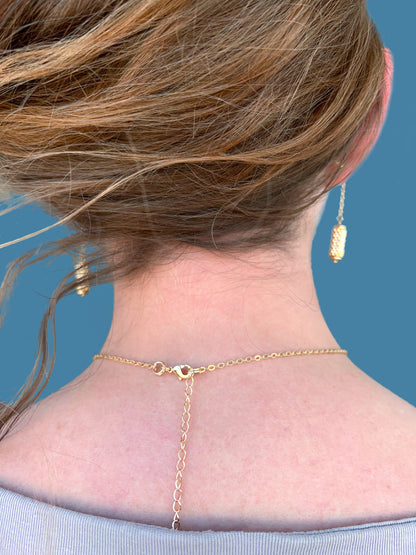 "Dahlia" Gold and Cream Satin Tube Pendant Checkers Necklace