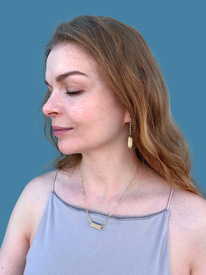 "Dahlia" Gold and Cream Satin Tube Pendant Checkers Necklace