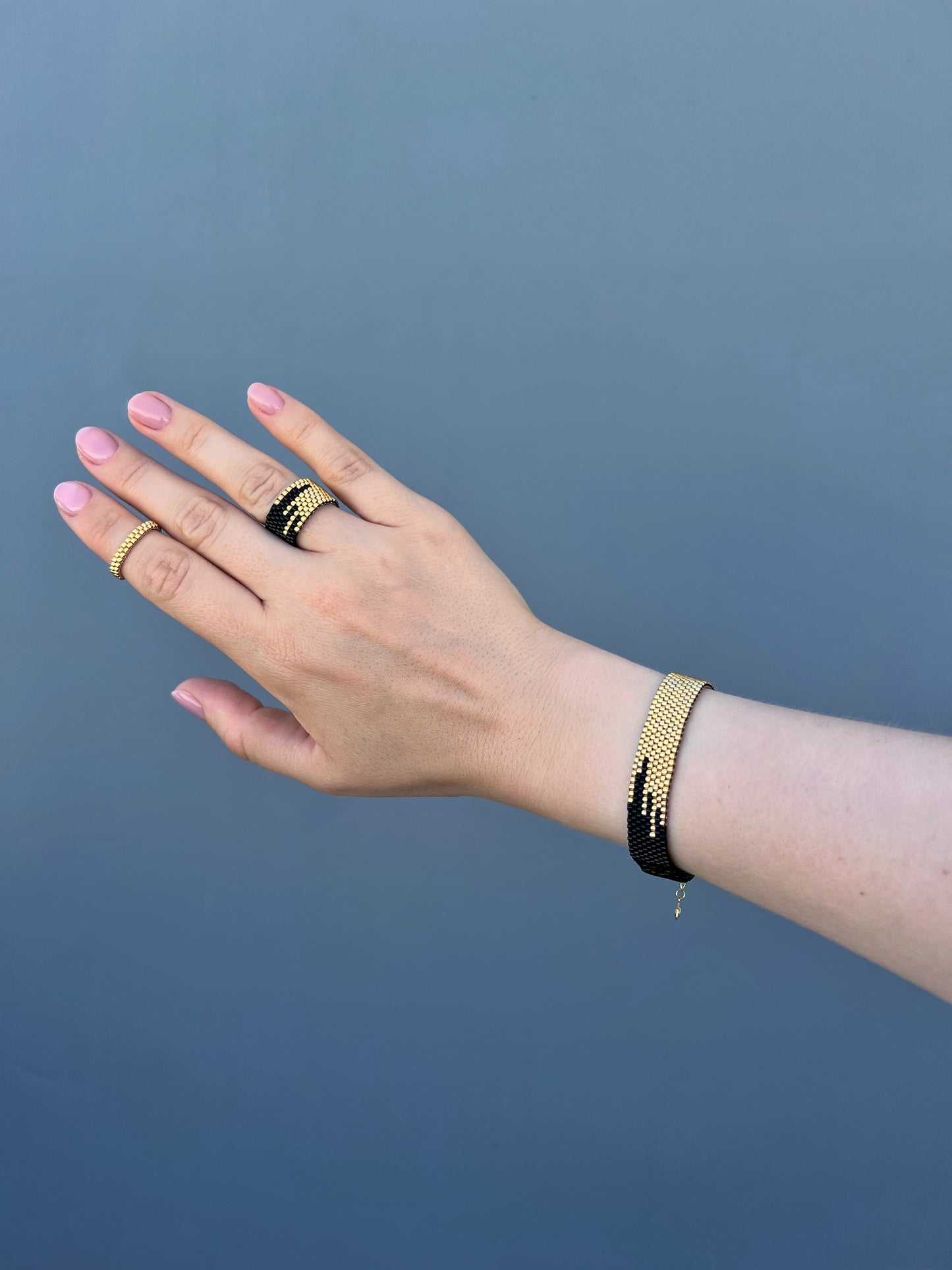 "Kira" Gold and Black Wide Beaded Bracelet with Gold Plated Lobster Clasp