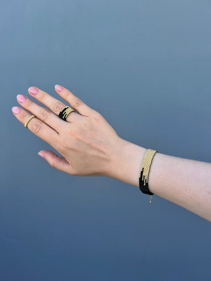 "Kira" Gold and Black Wide Beaded Bracelet with Gold Plated Lobster Clasp