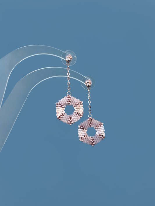 "Celestia Pink" Hexagon Rose Gold and Pink Satin Beaded Dangle Stud Earrings