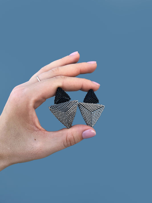 "Thalia" Triangle Dark Silver and Black Beaded Stud Earrings