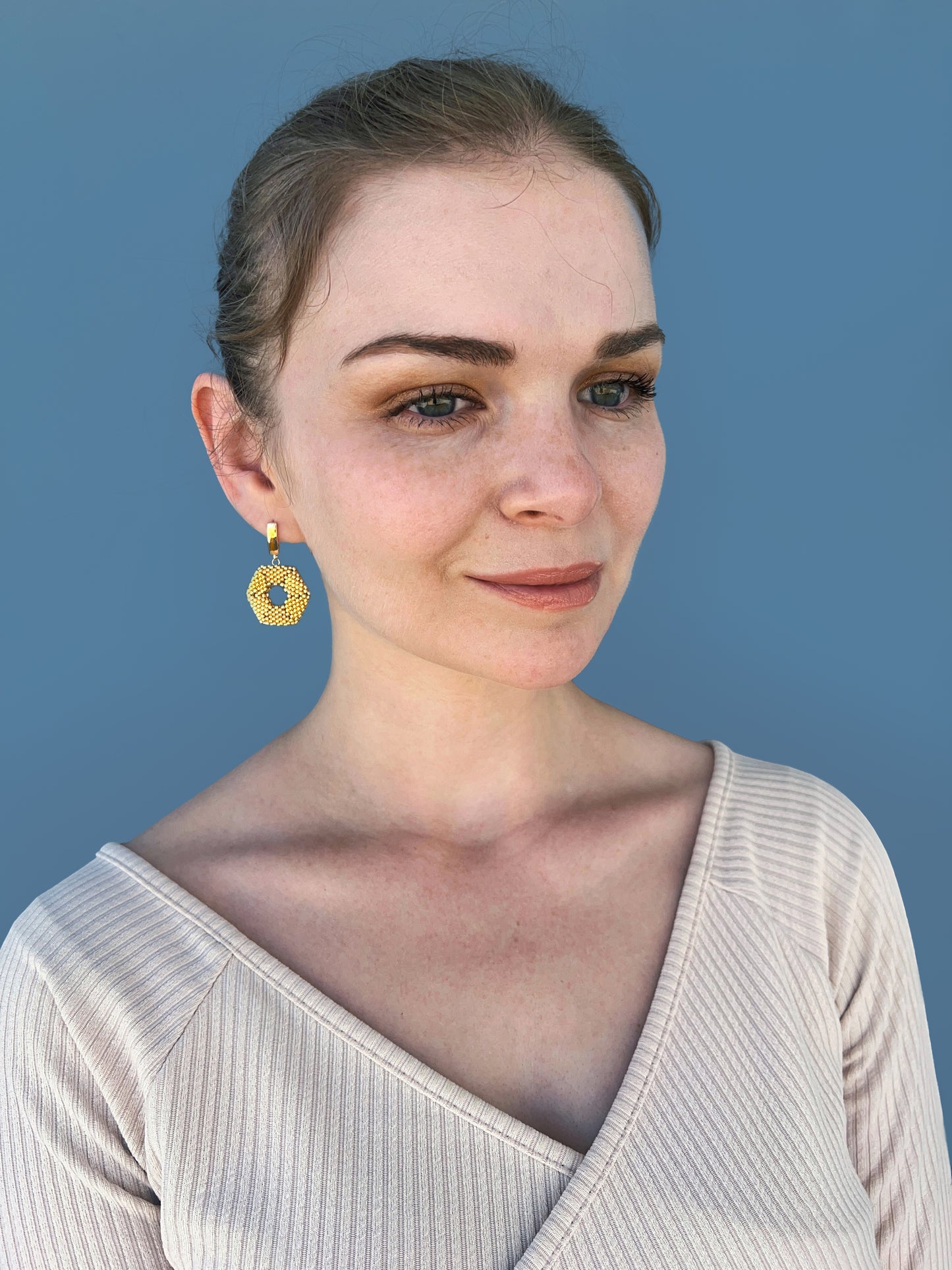 "Helena" Hexagon Gold Beaded Statement Earrings with Gold Plated Findings