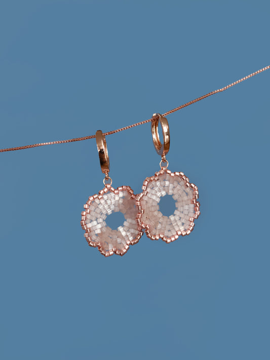 "Fleur Pink" Dangle Flower Rose Gold and Pink Satin Earrings