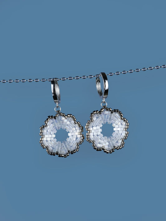 "Fleur Frost" Dangle Flower Snow White Satin and Dark Silver Plated Earrings