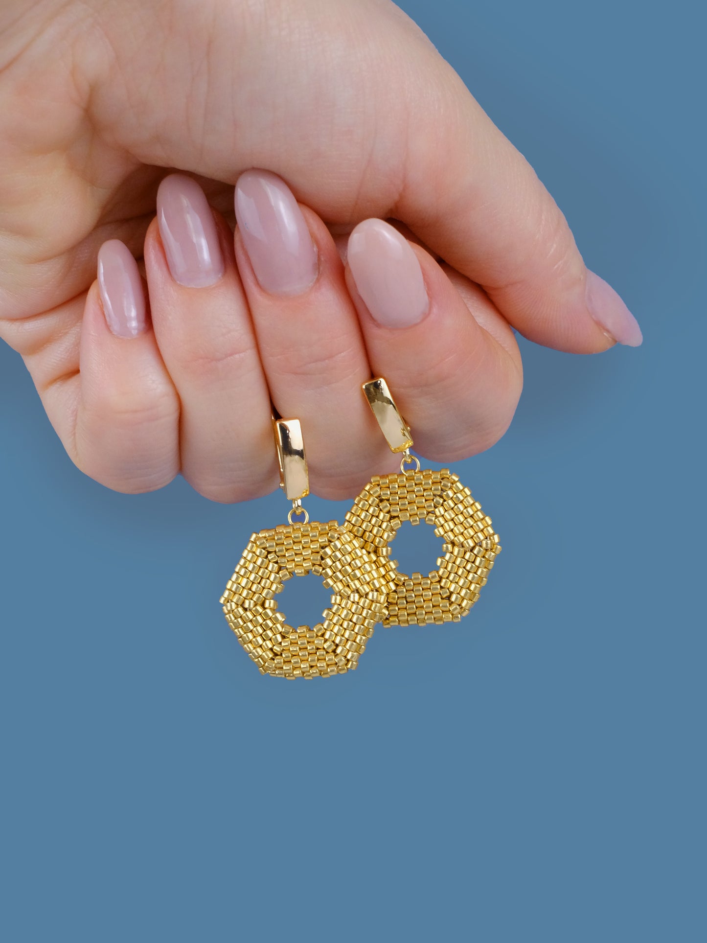 "Helena" Hexagon Gold Beaded Statement Earrings with Gold Plated Findings