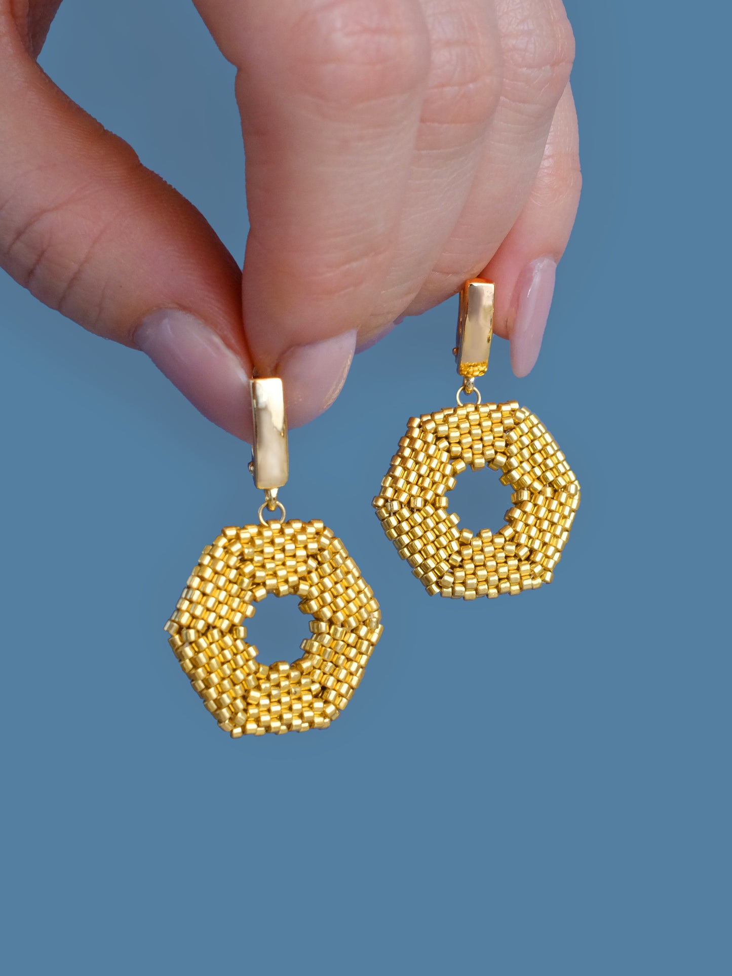 "Helena" Hexagon Gold Beaded Statement Earrings with Gold Plated Findings