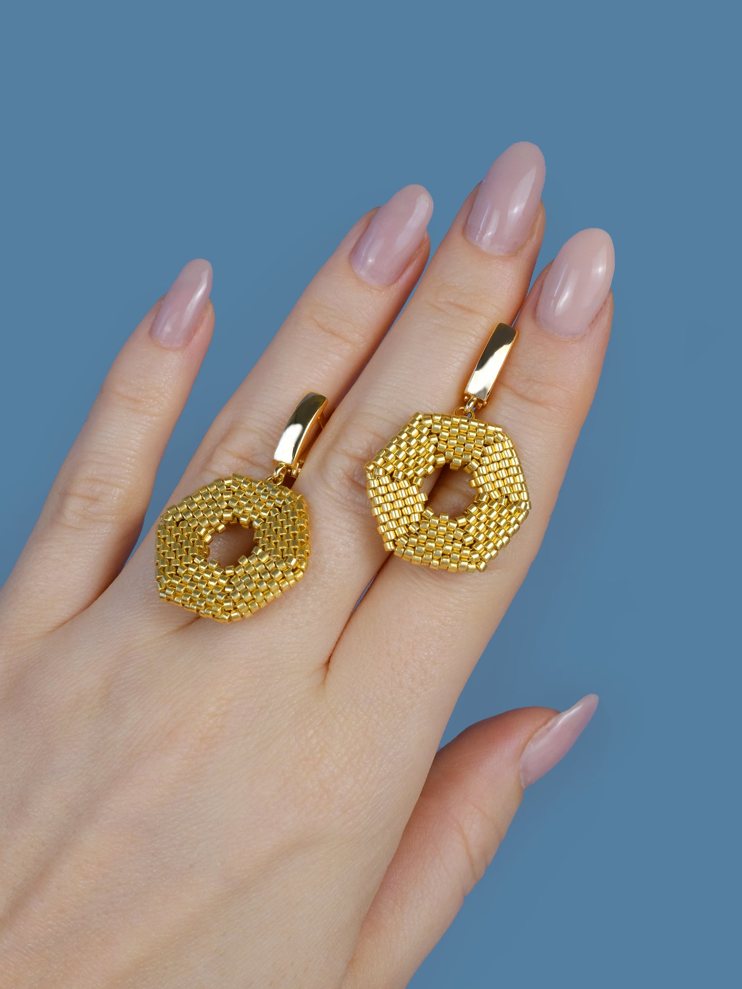 "Helena" Hexagon Gold Beaded Statement Earrings with Gold Plated Findings