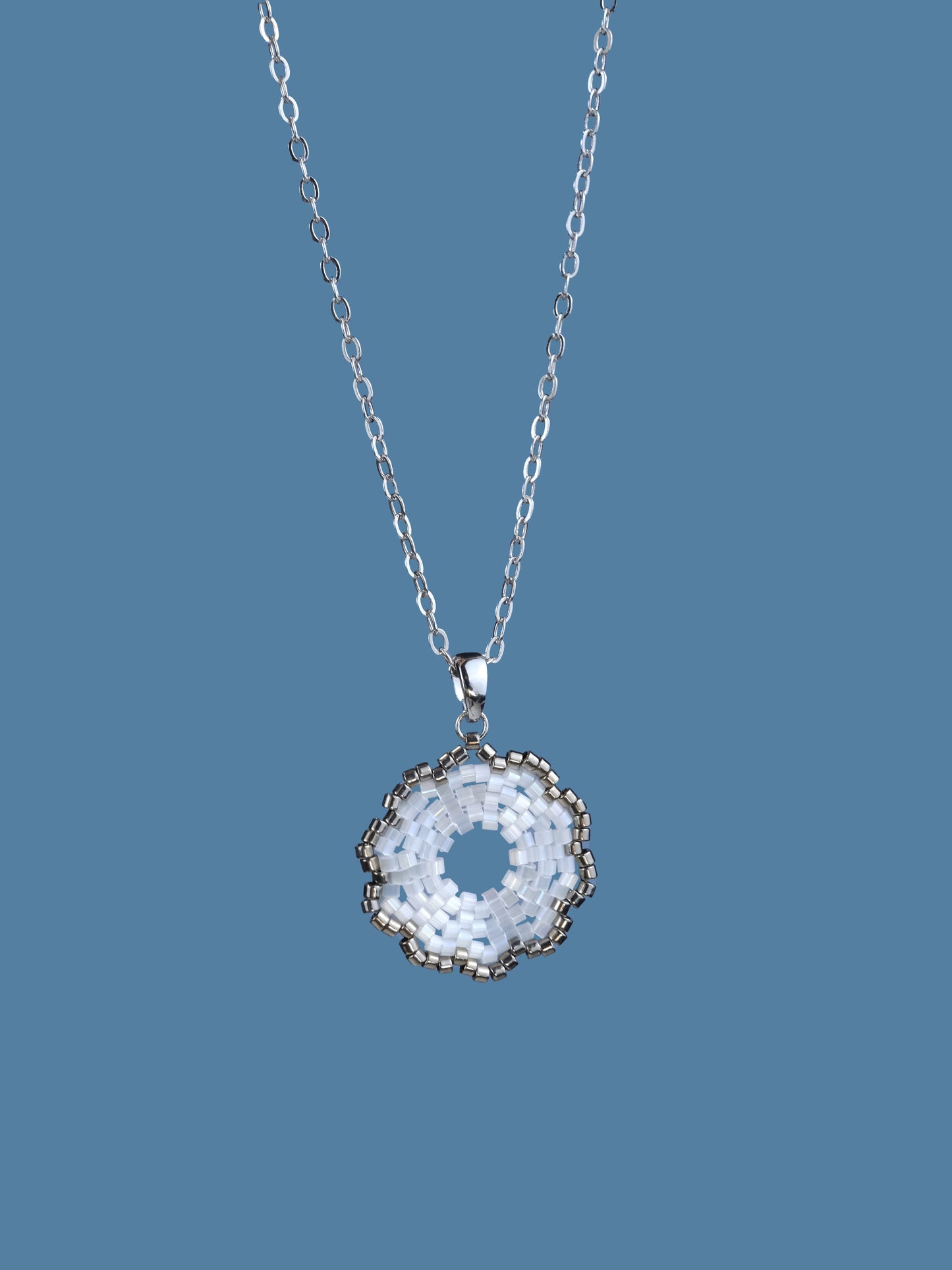 "Fleur Frost"  Flower Snow White Satin and Dark Silver Plated Pendant Necklace