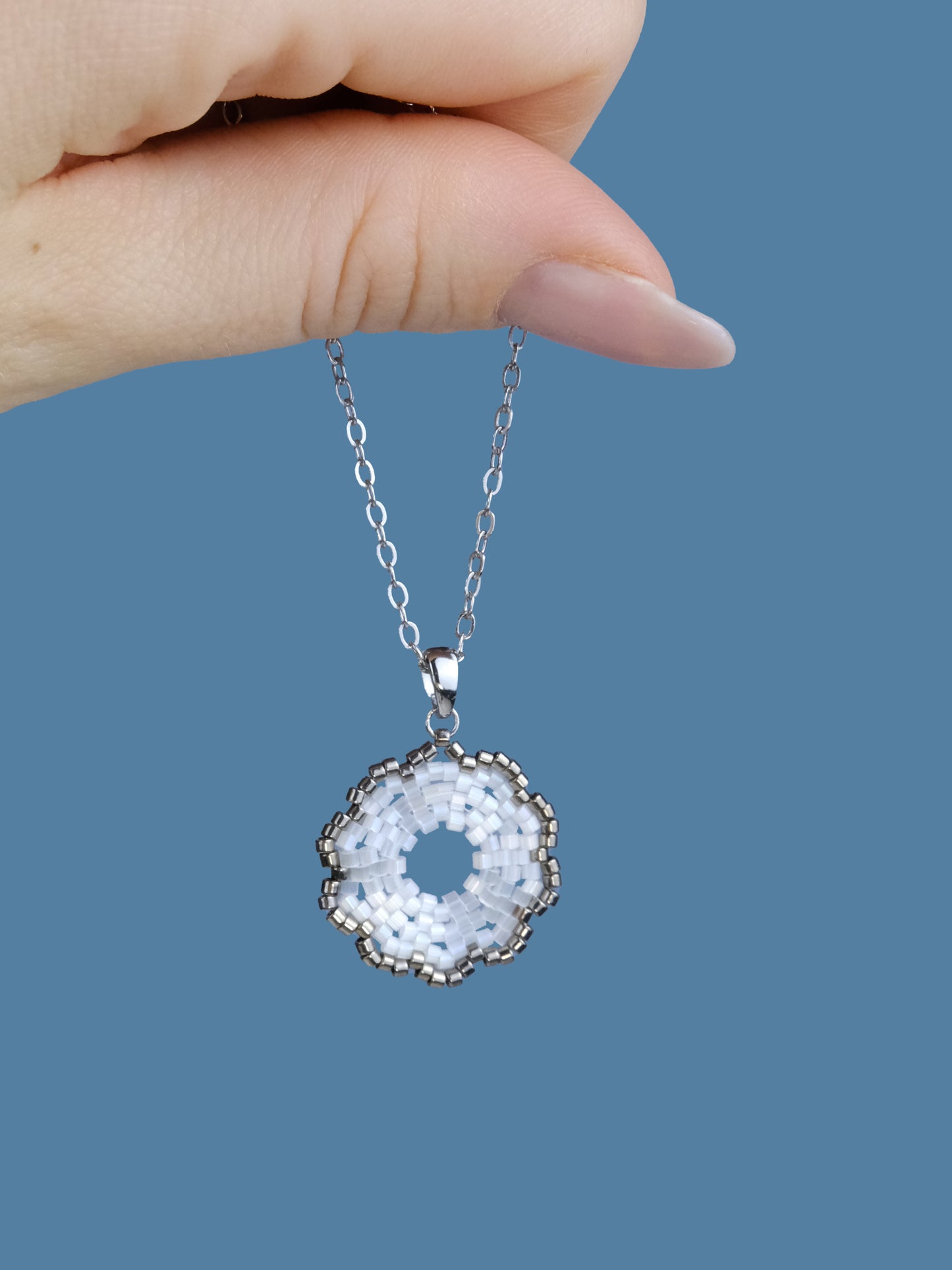 "Fleur Frost"  Flower Snow White Satin and Dark Silver Plated Pendant Necklace