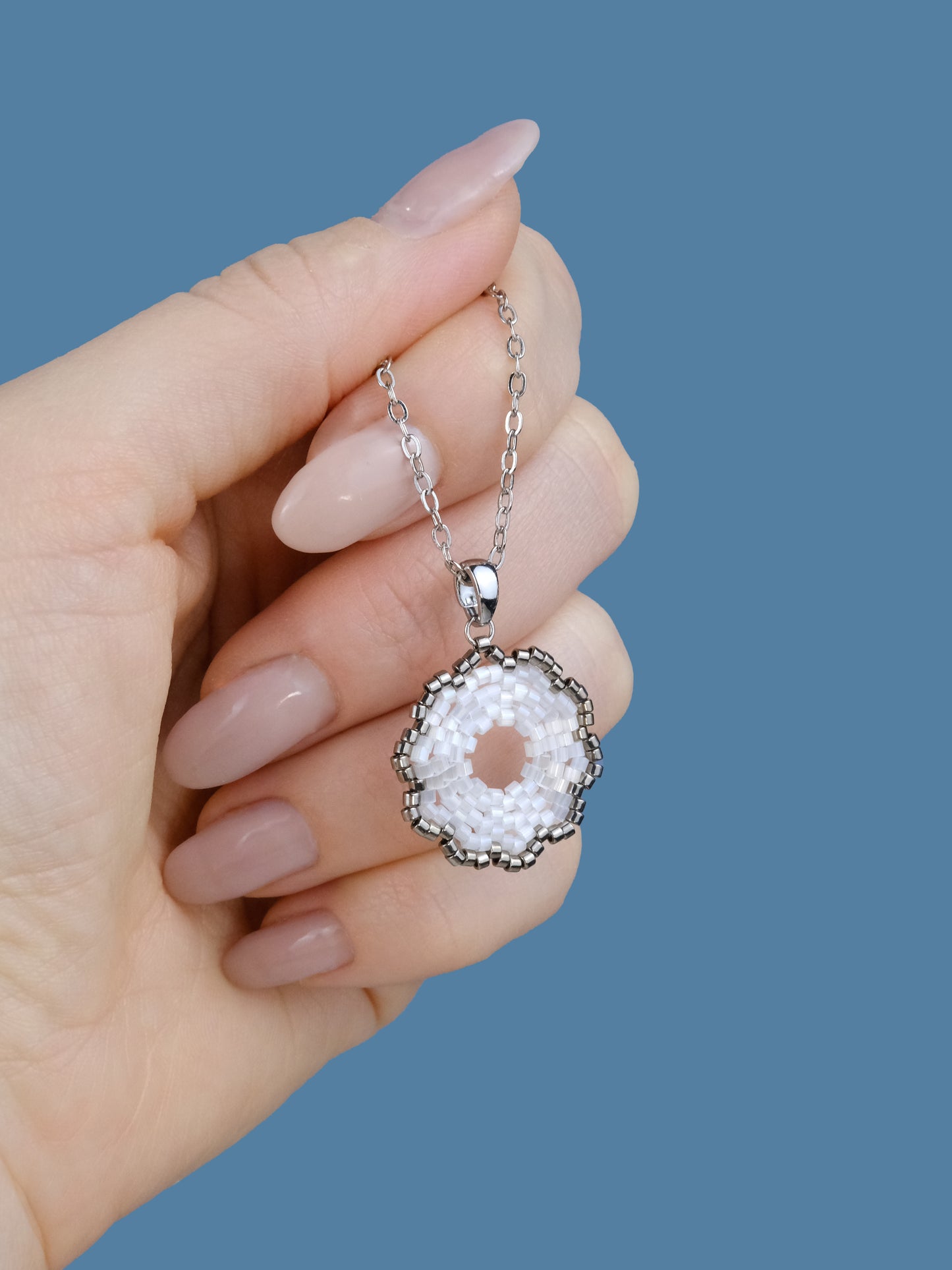 "Fleur Frost"  Flower Snow White Satin and Dark Silver Plated Pendant Necklace