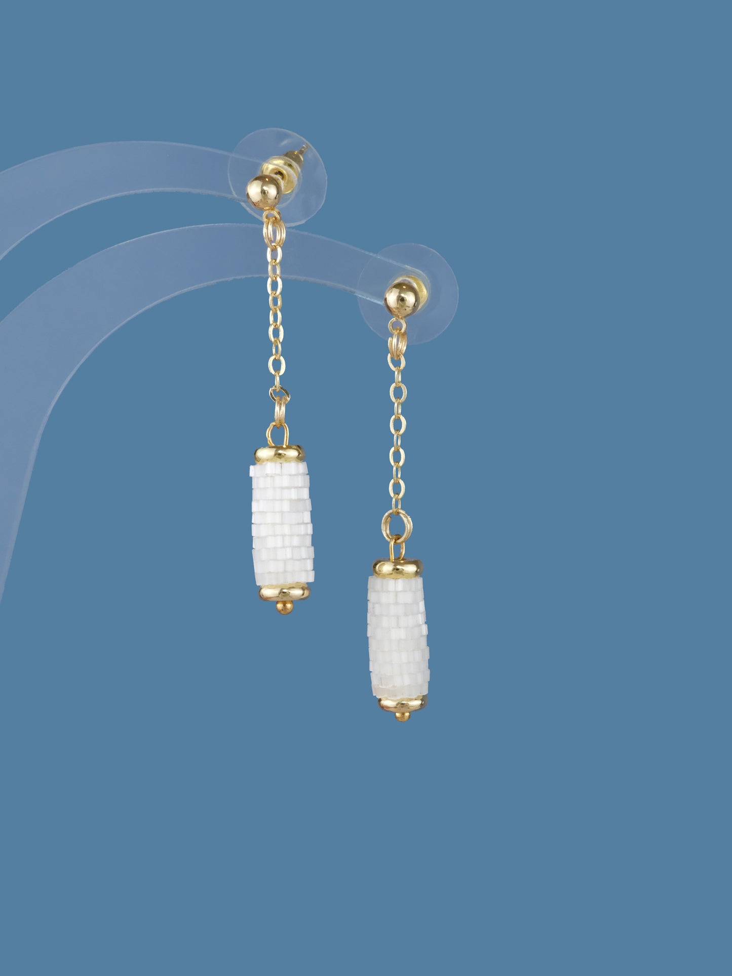 "Ivory" Long Dangle Tube Cream Satin Stud Earrings