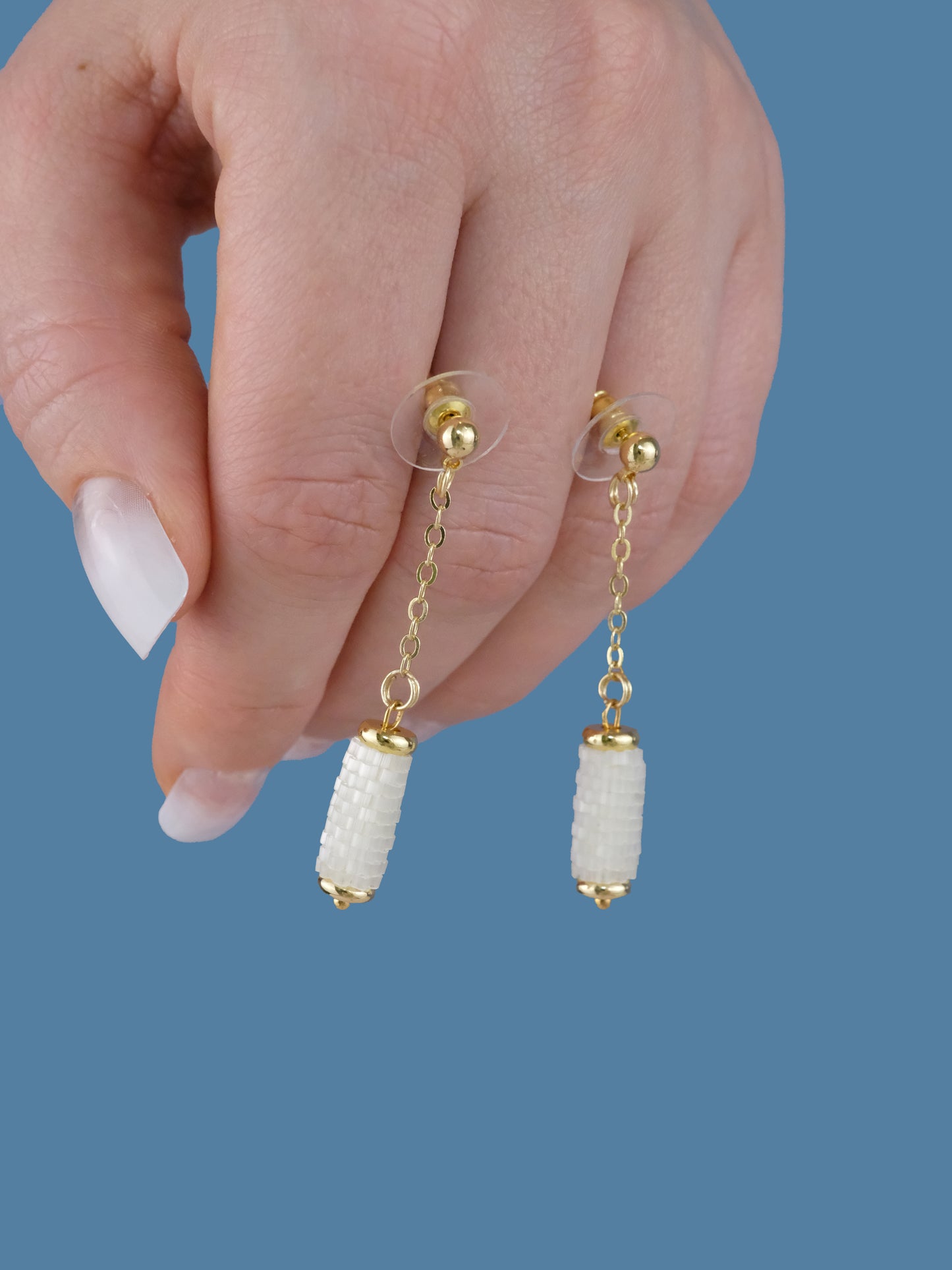 "Ivory" Long Dangle Tube Cream Satin Stud Earrings