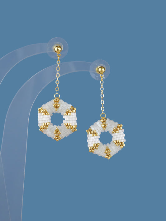 "Celestia Creamy" Hexagon Gold and Cream Satin Dangle Stud Earrings