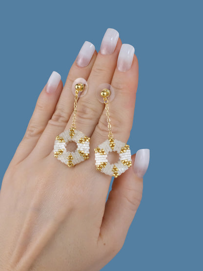 "Celestia Creamy" Hexagon Gold and Cream Satin Dangle Stud Earrings