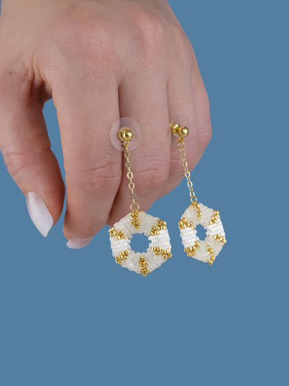 "Celestia Creamy" Hexagon Gold and Cream Satin Dangle Stud Earrings