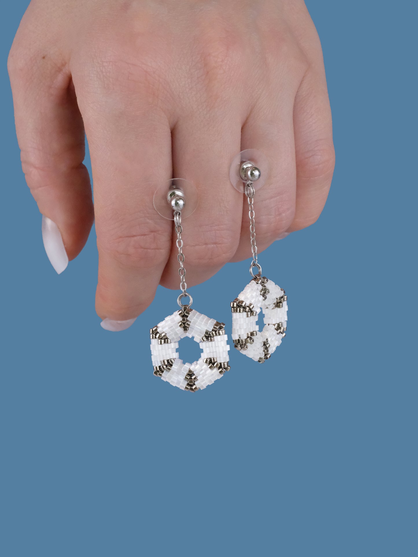 "Celestia Frost" Hexagon Silver and Snow White Satin Dangle Stud Earrings