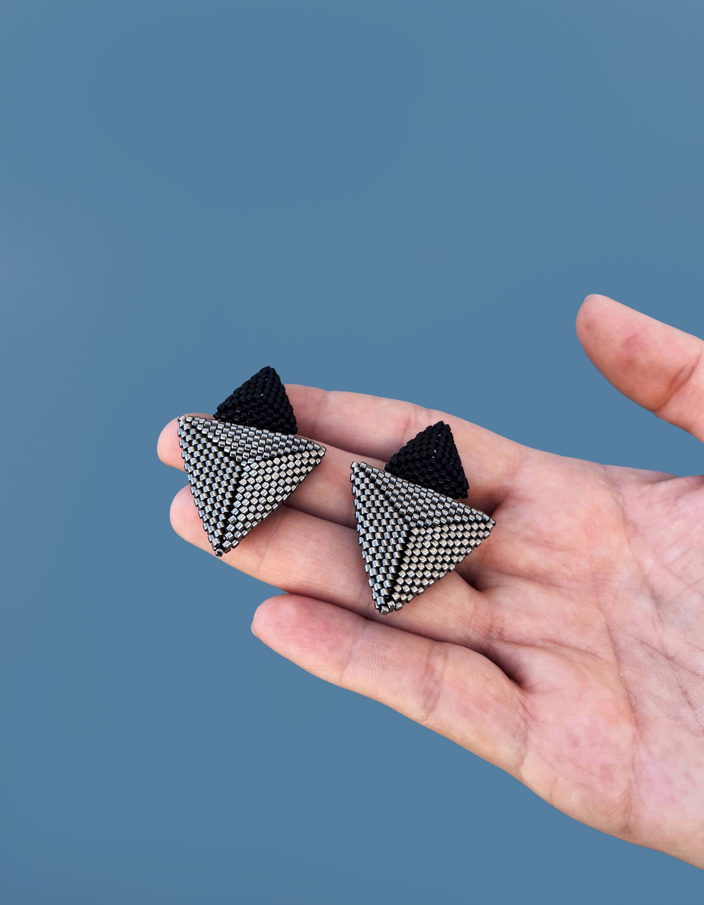 "Thalia" Triangle Dark Silver and Black Beaded Stud Earrings