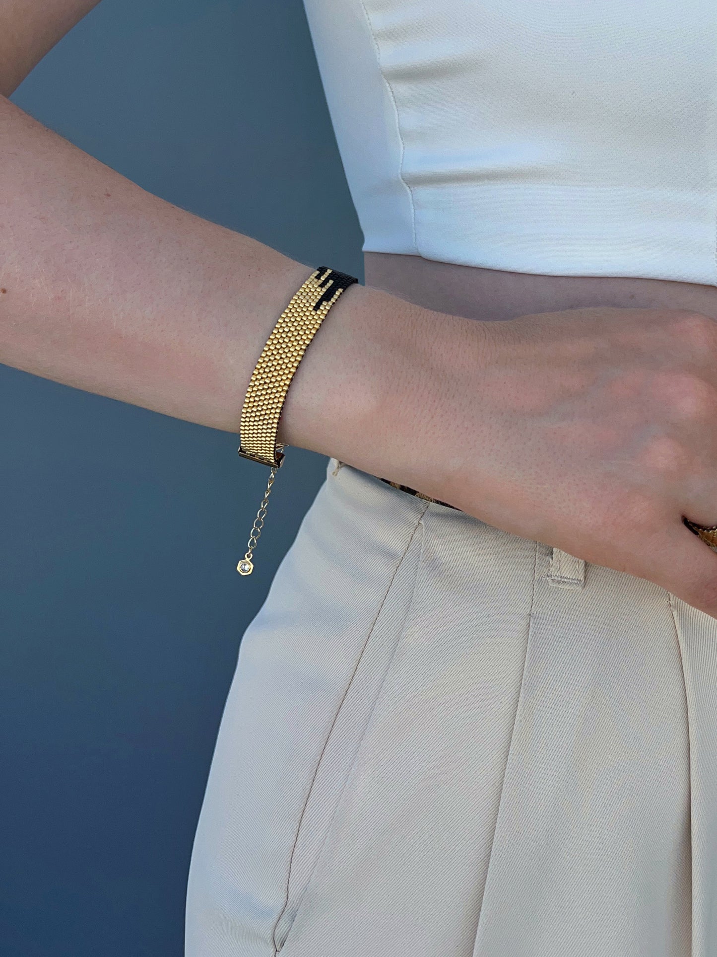 "Kira" Gold and Black Wide Beaded Bracelet with Gold Plated Lobster Clasp