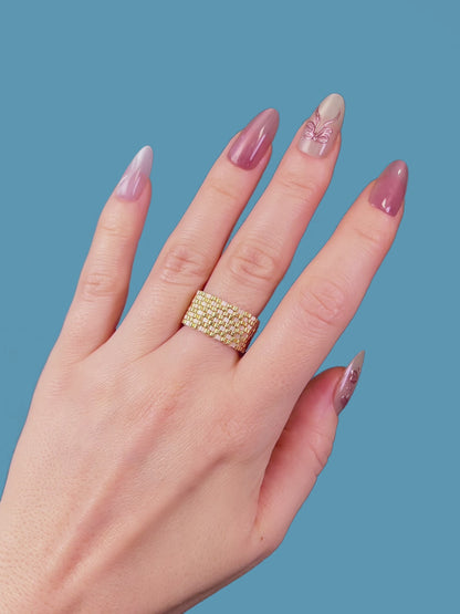 "Dahlia" Gold and Creamy Checkers Seed Bead Ring