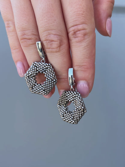 "Selena" Hexagon Dark Silver Beaded Statement Earrings with Silver Plated Findings