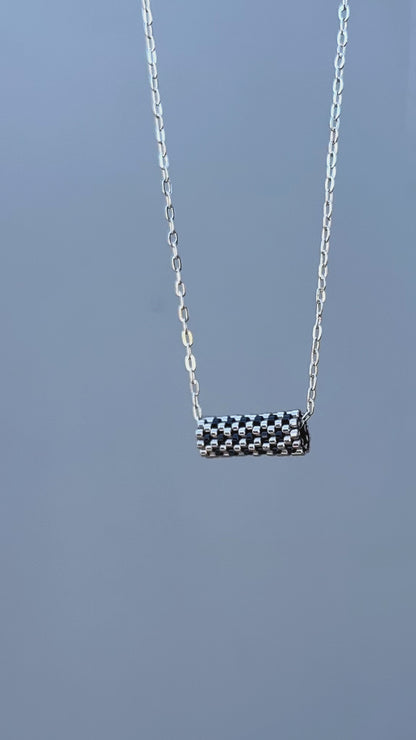 "Harper" Dark Silver and Black Tube Pendant Checkers Necklace