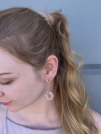 "Celestia Pink" Hexagon Rose Gold and Pink Satin Beaded Dangle Stud Earrings